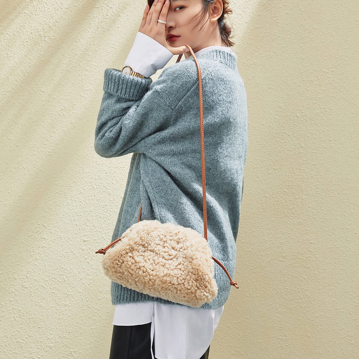 Apricot Beige Furry Double Thin Strap Shoulder Bag