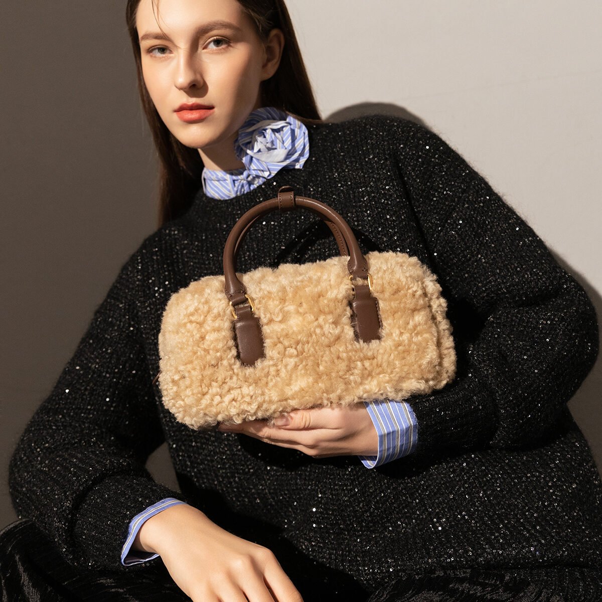 Beige Sherpa Fur Trimmed Elongated Top Handle Bag