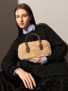 Beige Sherpa Fur Trimmed Elongated Top Handle Bag