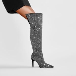 Black and Silver Embellished Knee High Boots