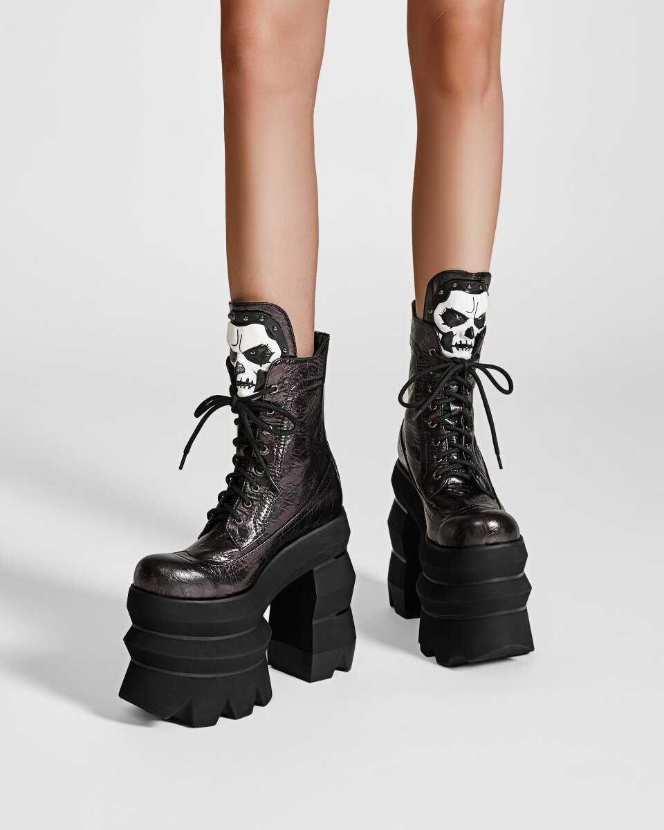 Black Charred Texture Skull Platform Boots