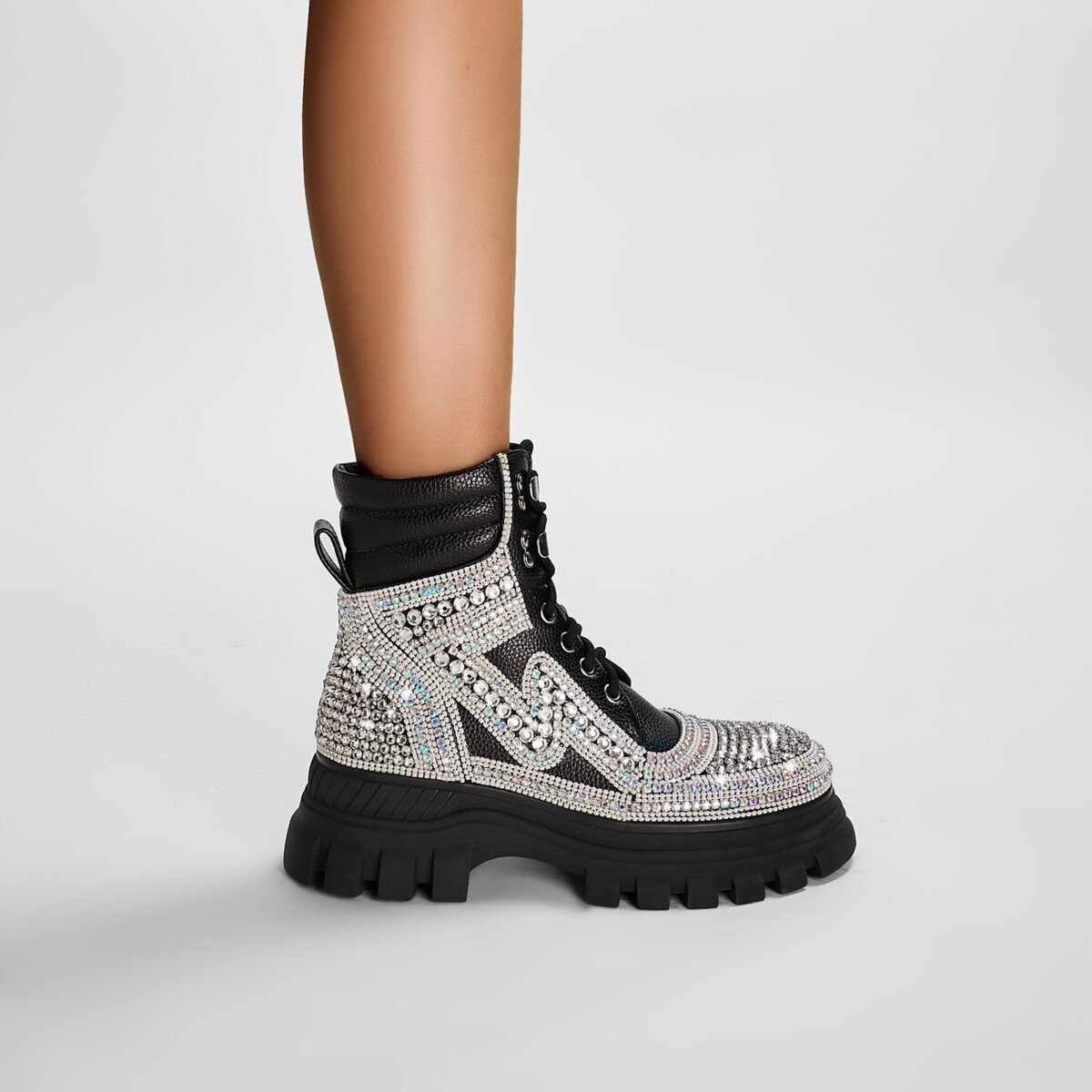 Black Crystal Embellished Walking Ankle Boots