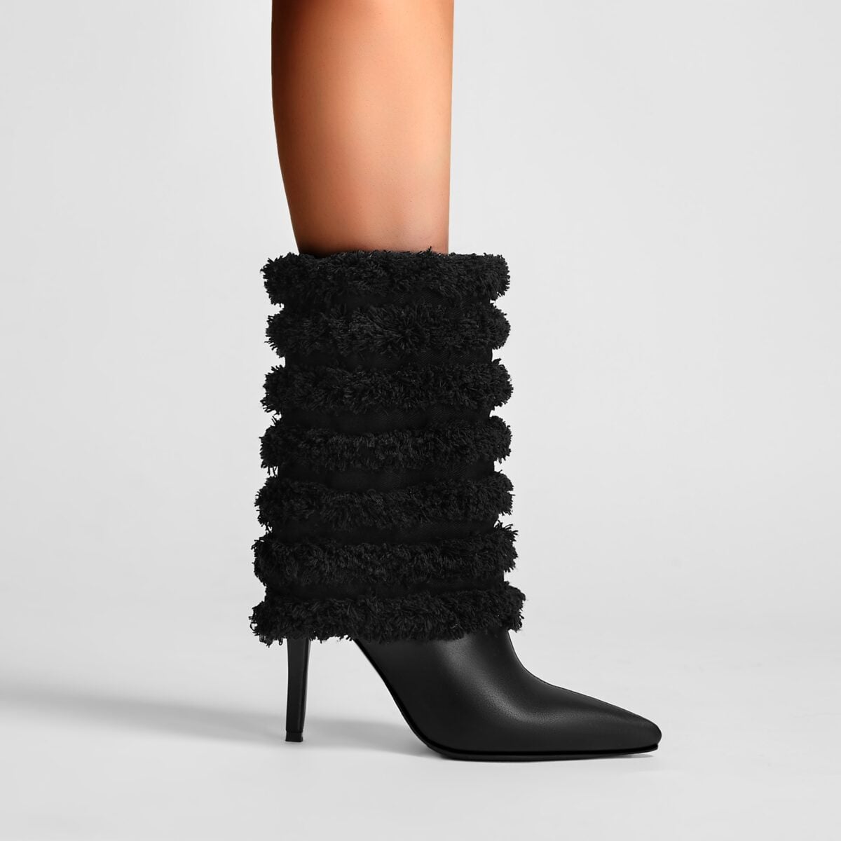 Black Leather Fur Coil Pointed Stiletto Boots