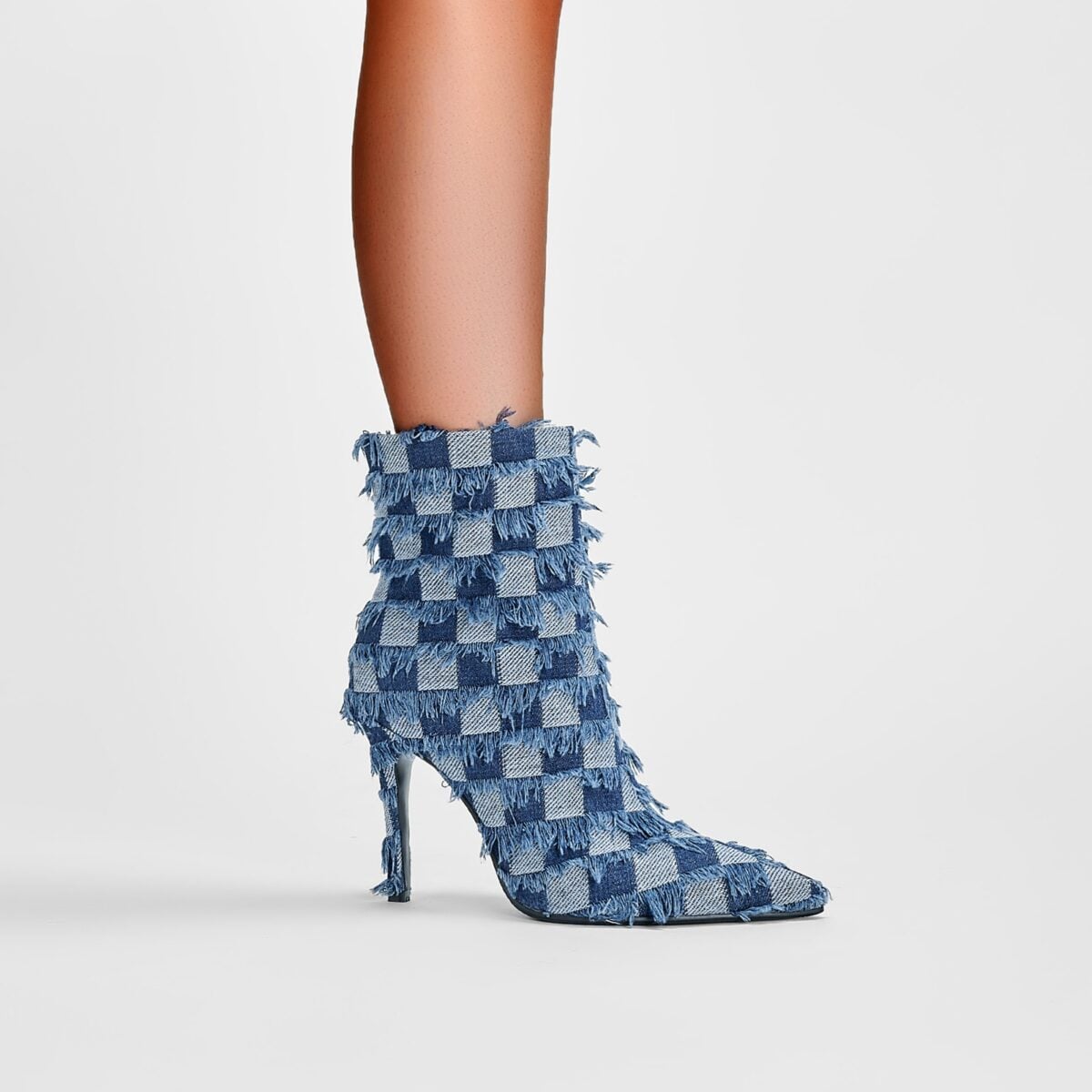 Blue Checkered Frayed Denim Ankle Boots