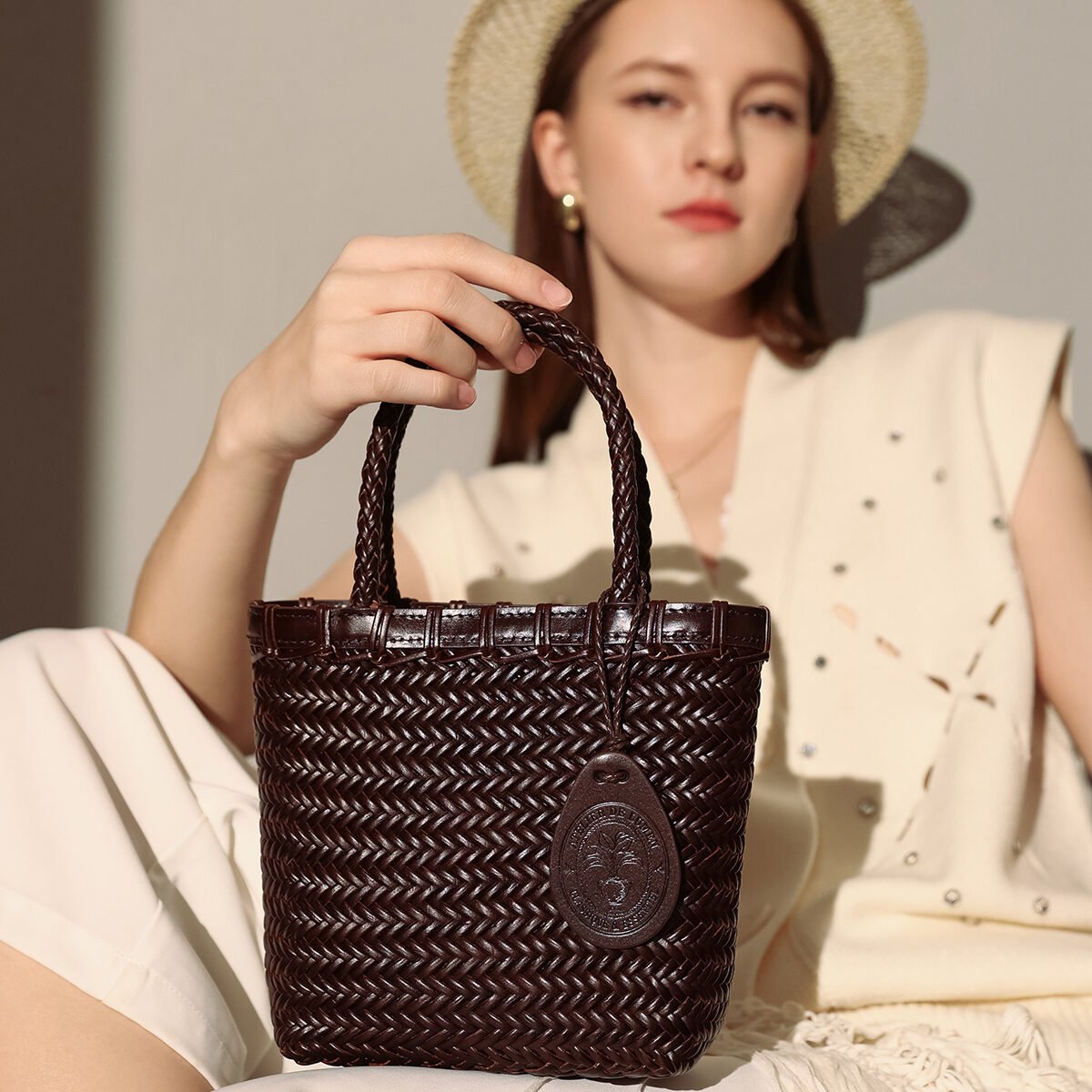 Chocolate Organic Reed Woven Basket Bag