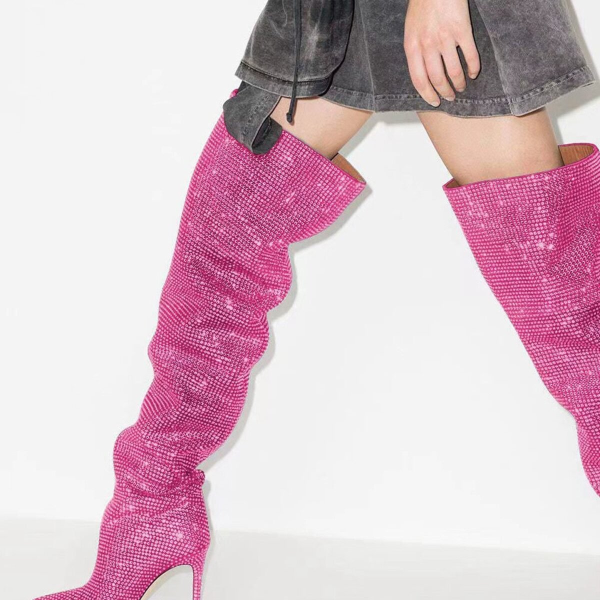 Crystal Embellished Slouchy Thigh High Boots