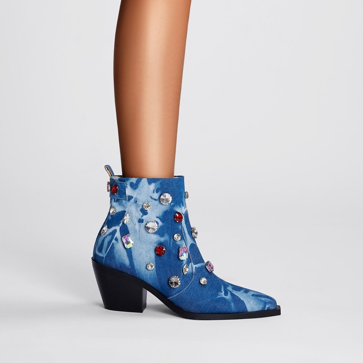 Crystal Encrusted Blue Denim Ankle Boots