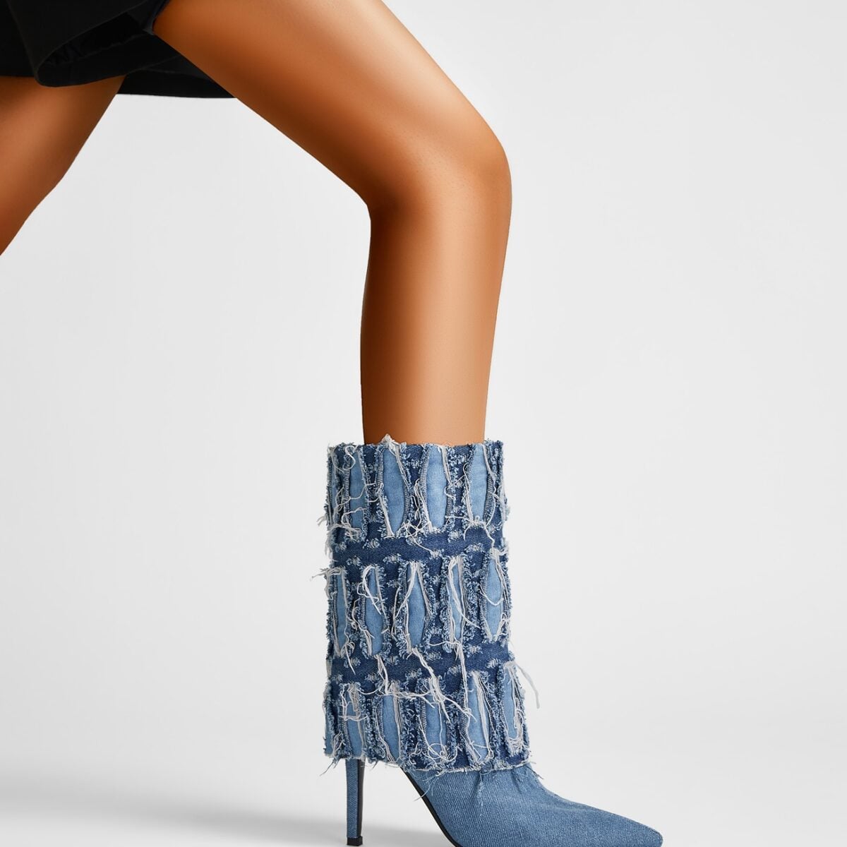 Distressed Denim Fold Over Leather Mid Calf Boots
