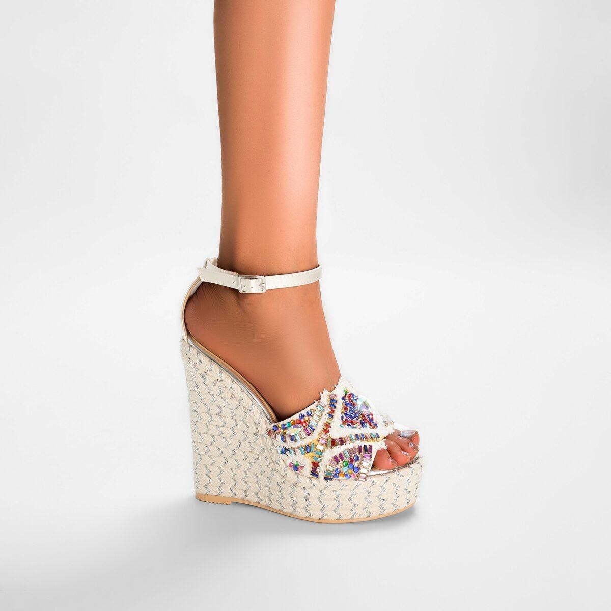 Girly Rhinestone Encrusted White Bohemian Wedges