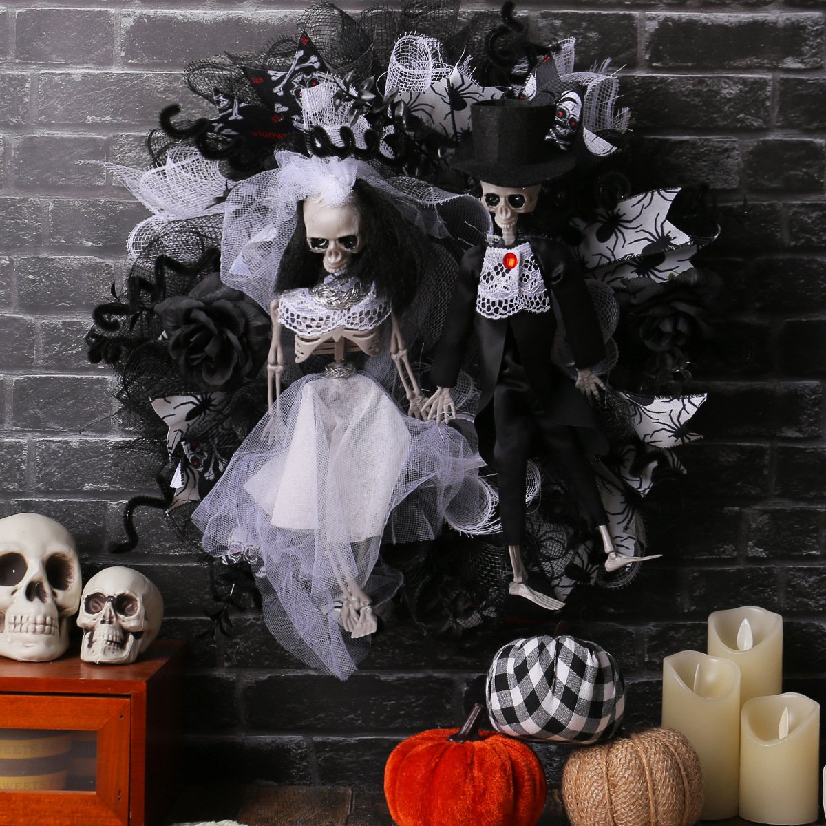 Halloween Skeleton Bride and Groom Tulle Wreath