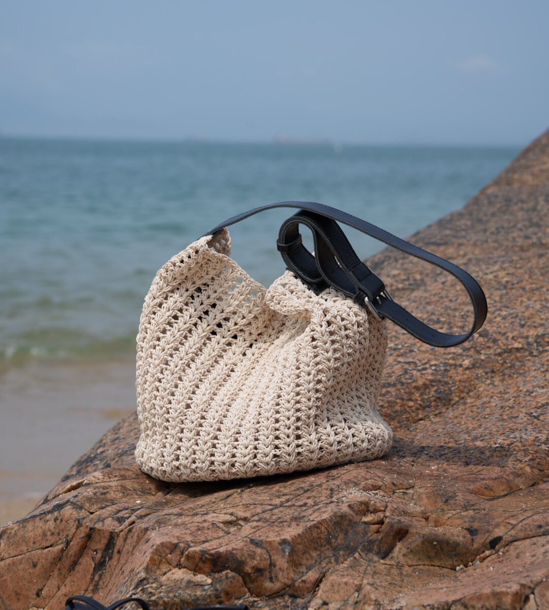 Medium White Beach Tote Bag with Blue Leather Straps