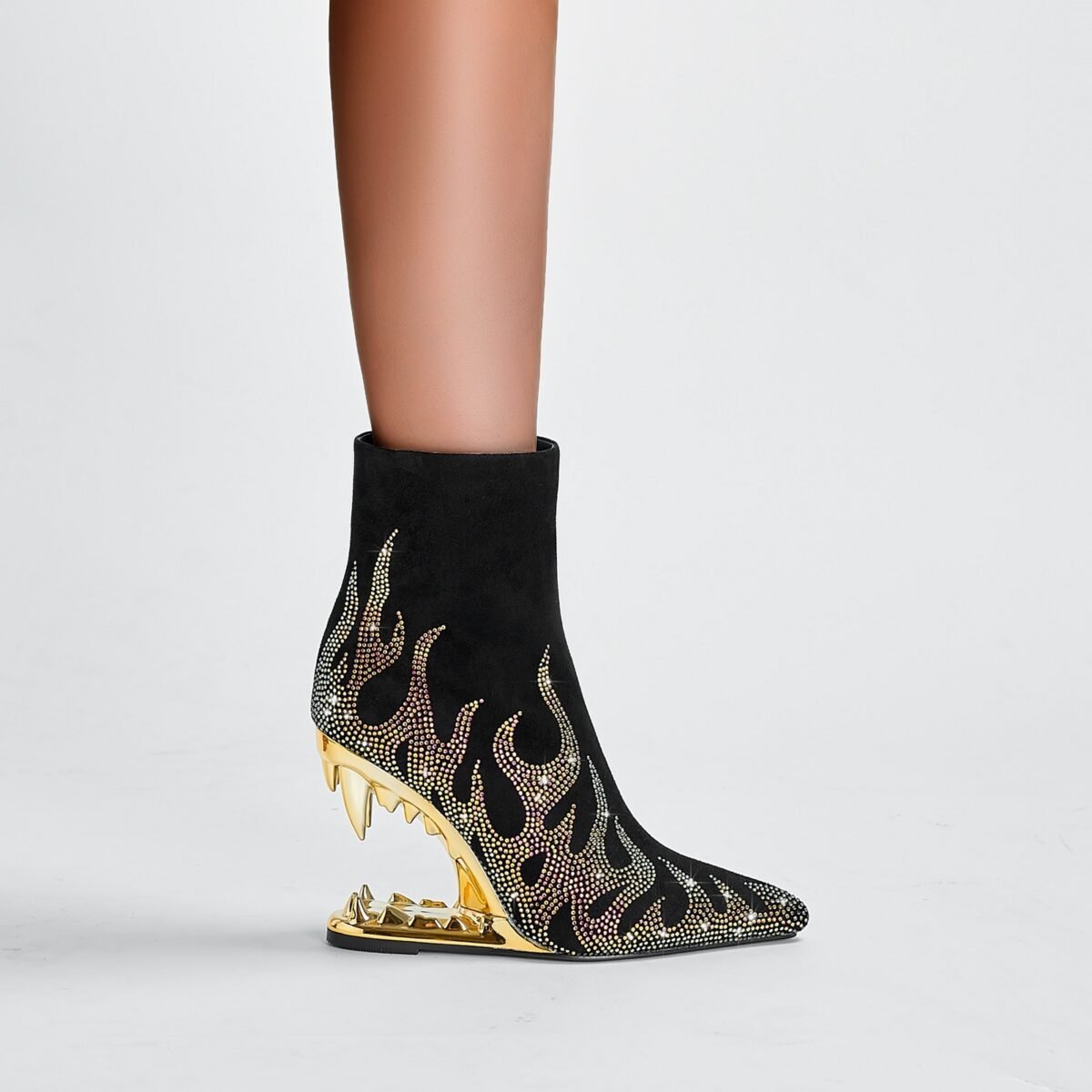Metallic Flaming Down Bite Heel Black Ankle Boots