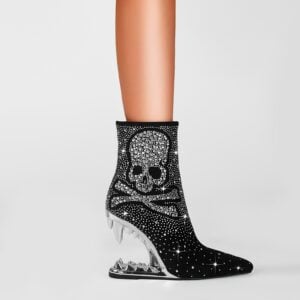 Metallic Skull and Bones Bite Heel Black Ankle Boots
