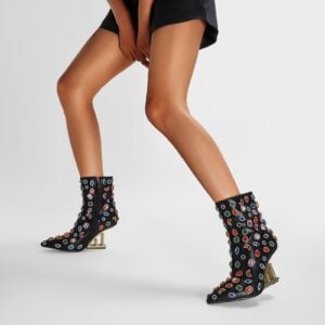 Retro Gem Encrusted Stonehenge Heel Black Ankle Boots