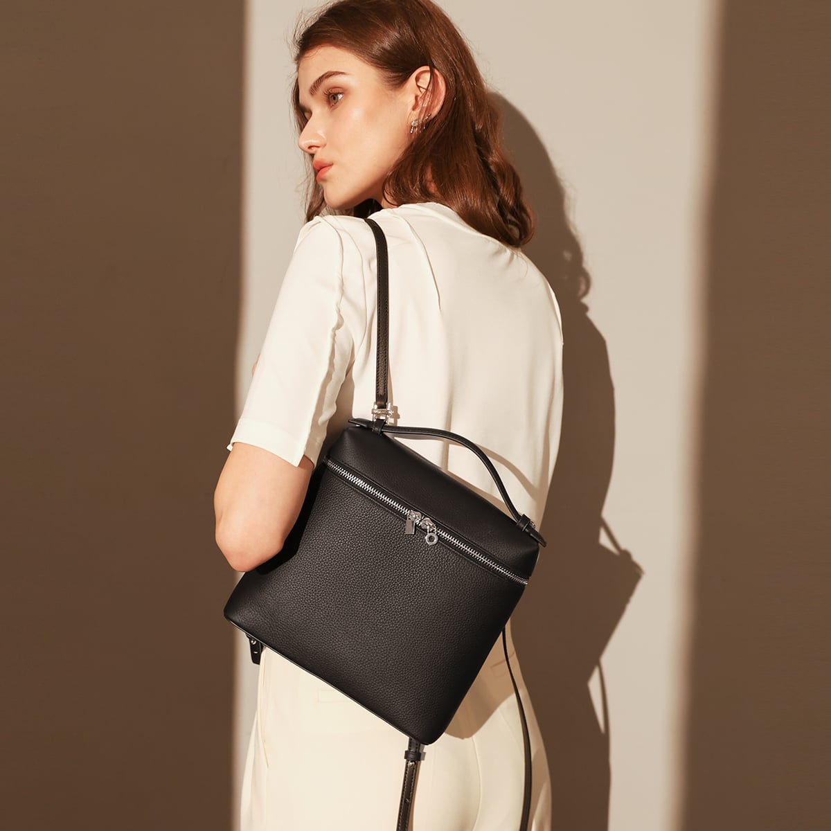 Solid Leather Backpack with Double Zippers