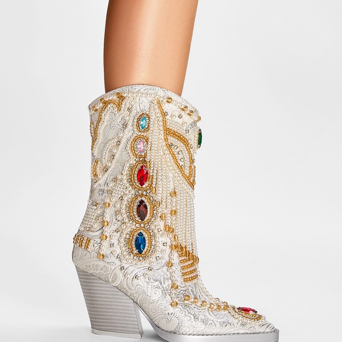 Venetian Gem and Pearl Encrusted White Cowgirl Boots
