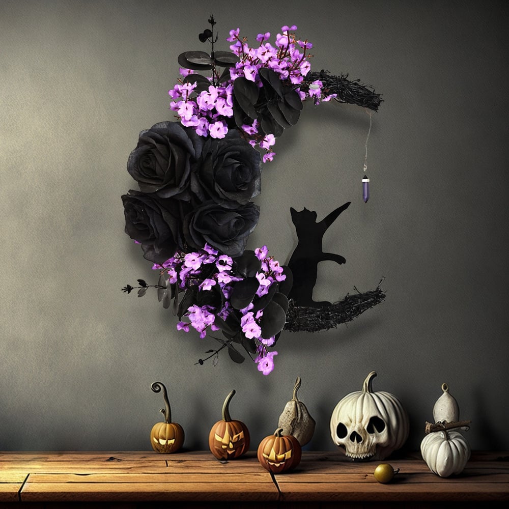 Witch’s Cat on the Crescent Moon Wreath